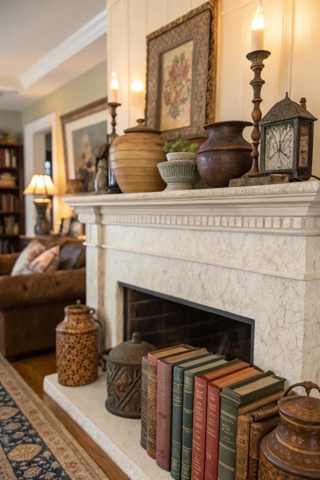 An artificial fireplace mantel featuring a display of charming antiquities.