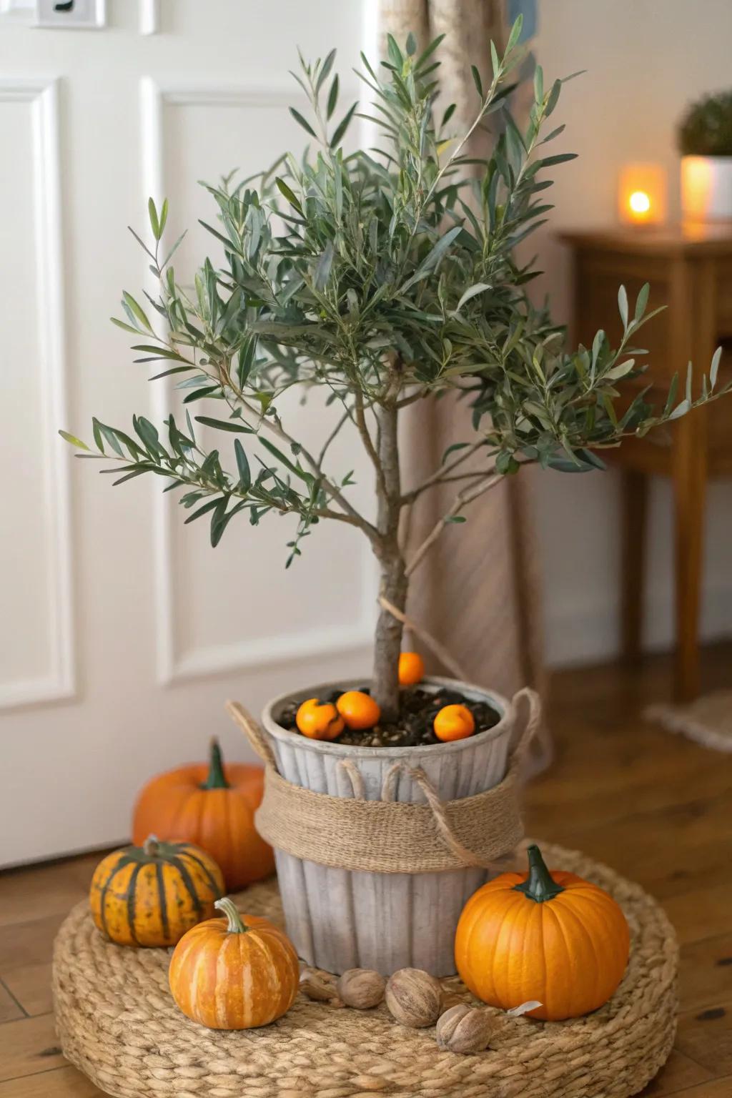 Enhance your faux olive tree using seasonal adornments.