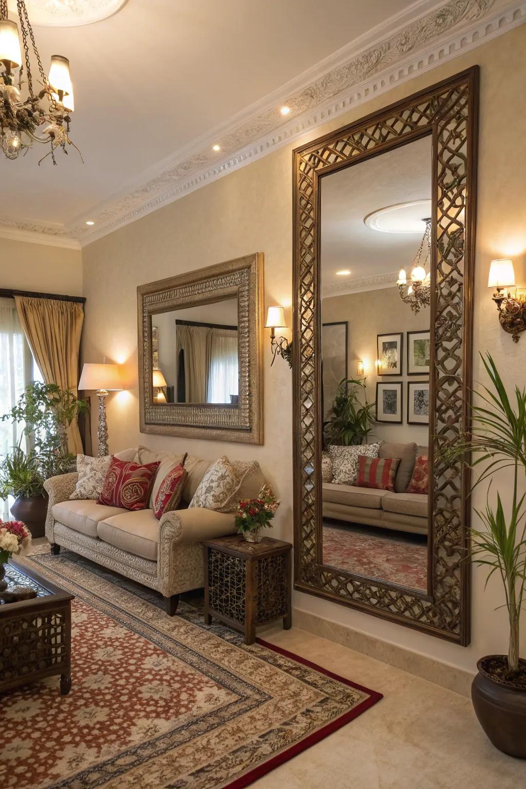 Adornment reflective surfaces amplifying the space and illumination in the living area.
