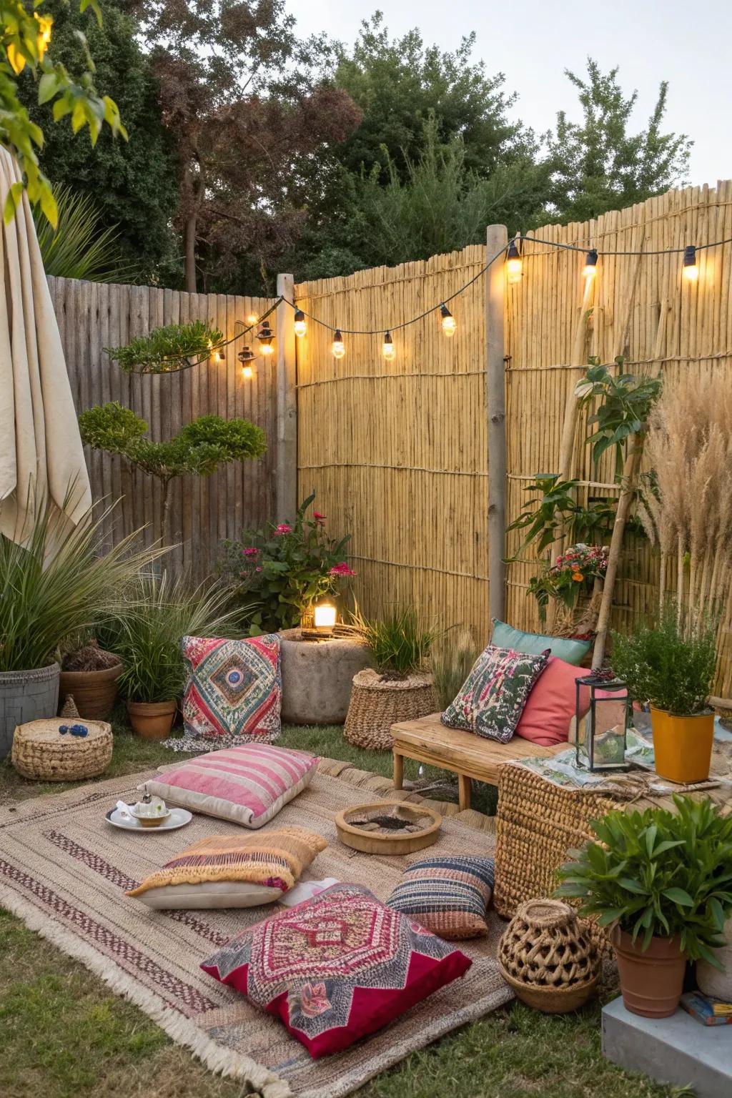 Reed fences furnish a laid-back, bohemian vibe.