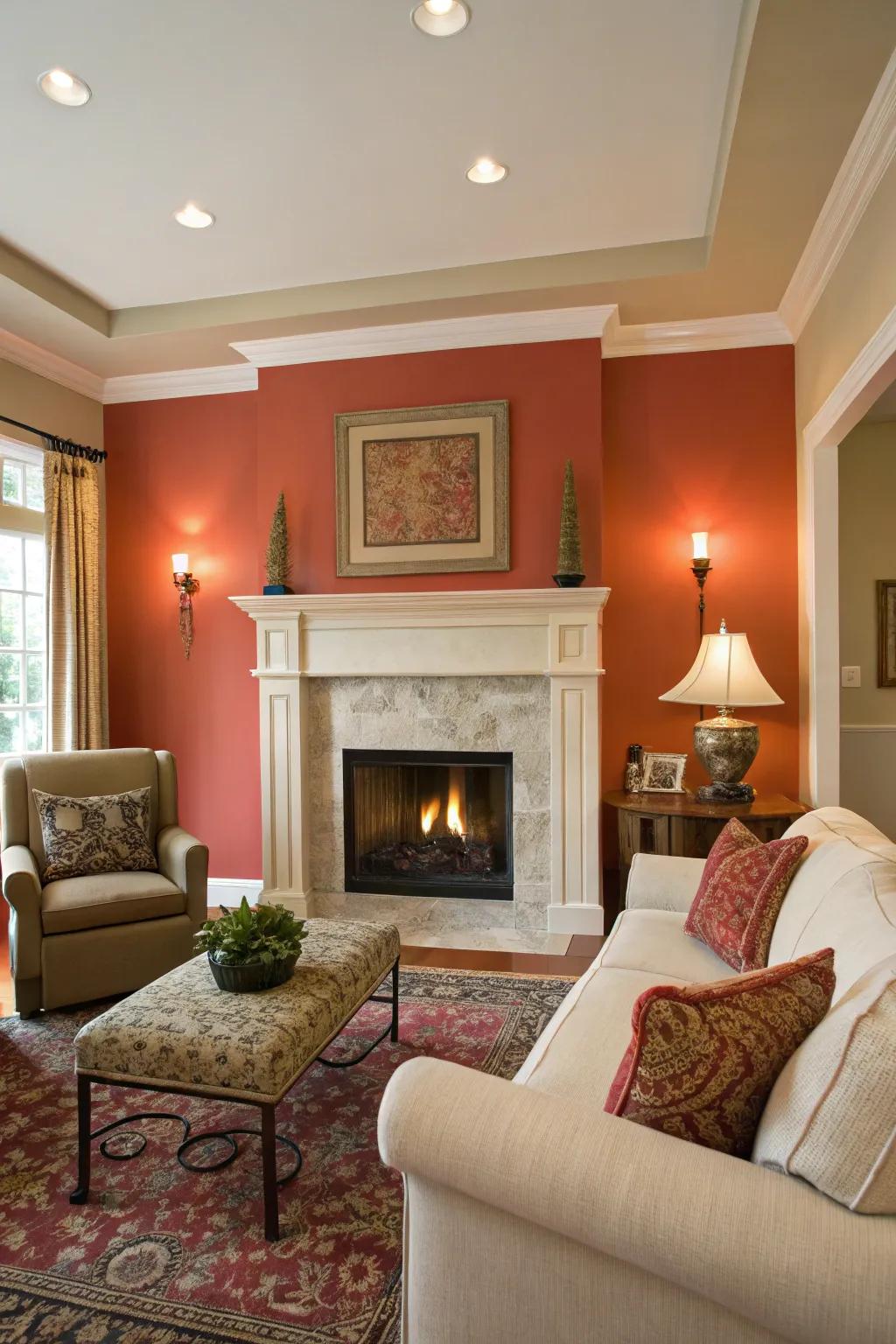 A living space with a daring highlight wall framing the fireplace nook.