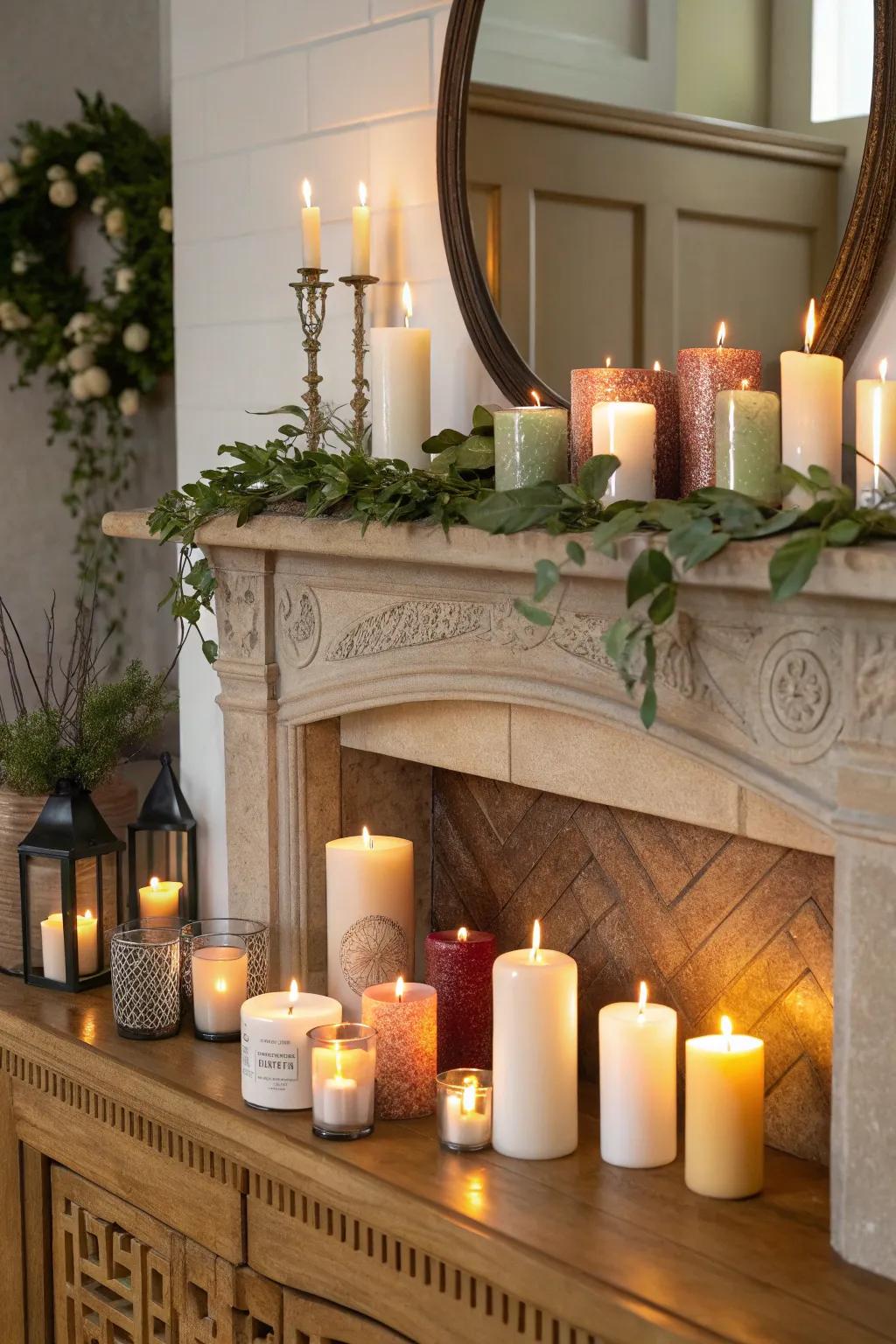 A mantel enhanced with scented candles that elevate the mood.