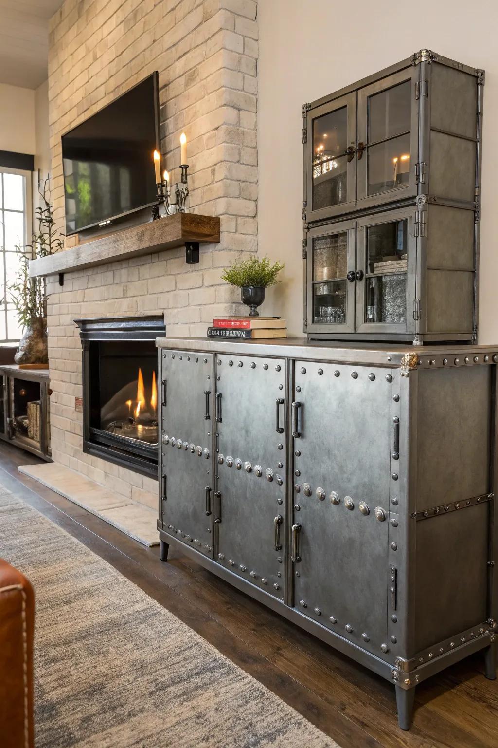 Metallic details introduce an industrial edge to your fireplace cabinets.