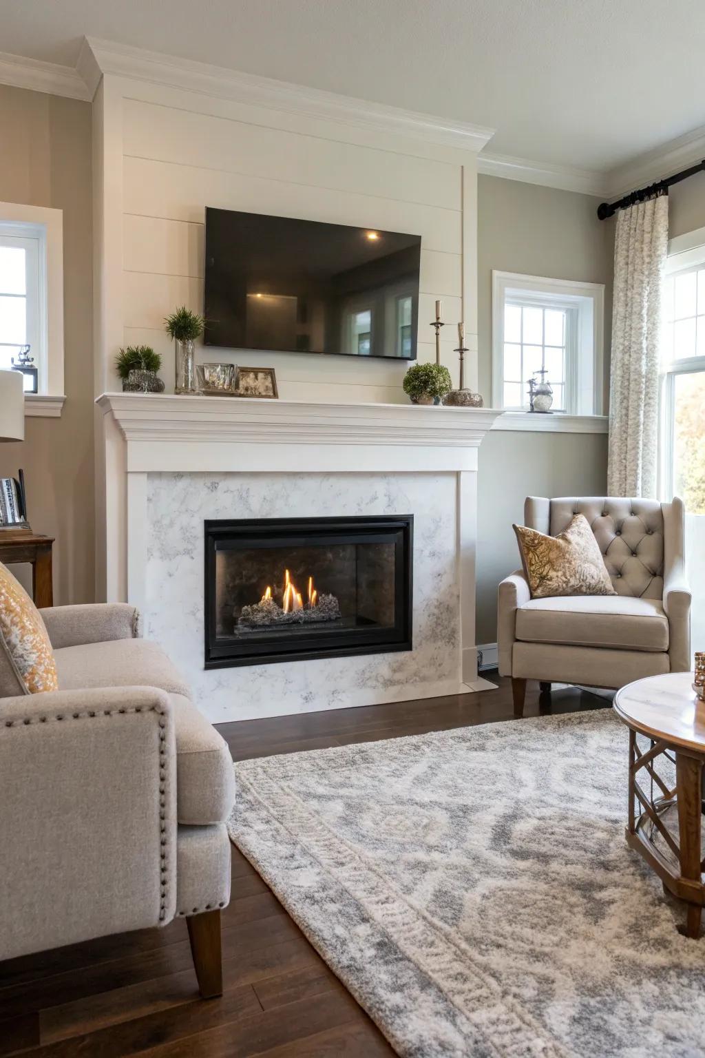 Floating mantel straightforwardness gives modern elegance for the fireplace.
