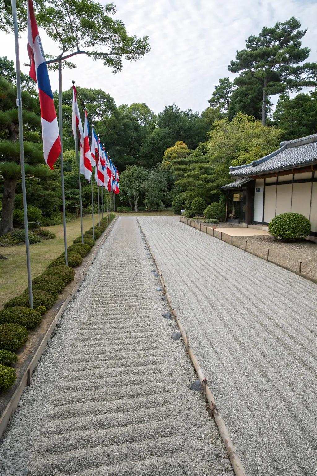 A zen garden path adding tranquility to a rear lot access road.
