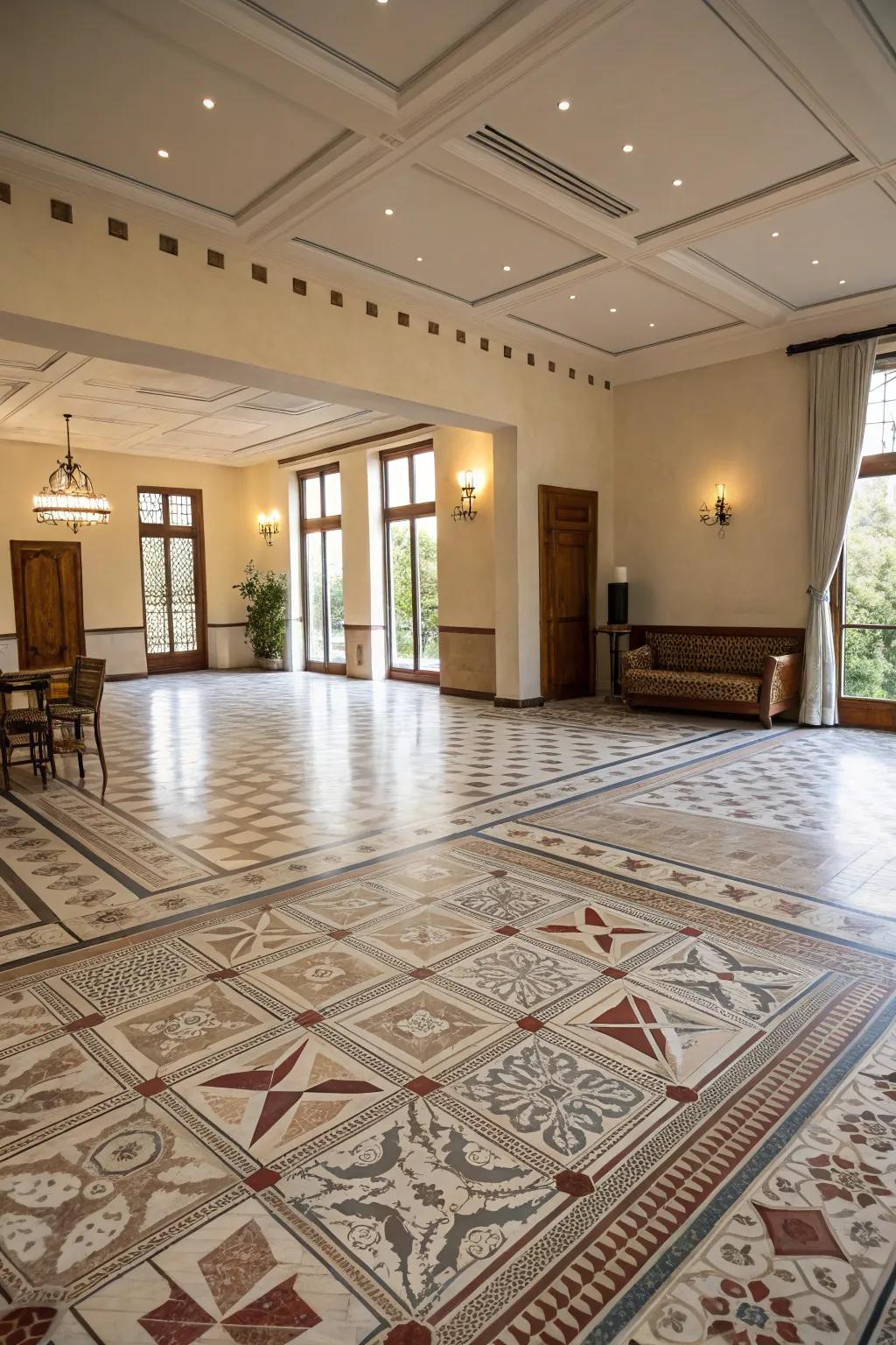 Crosshatch patterns add intricate texture to spacious areas.
