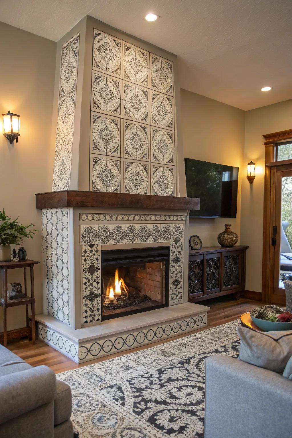 A modern living space with a floor-to-ceiling fireplace featuring geometric tiles.