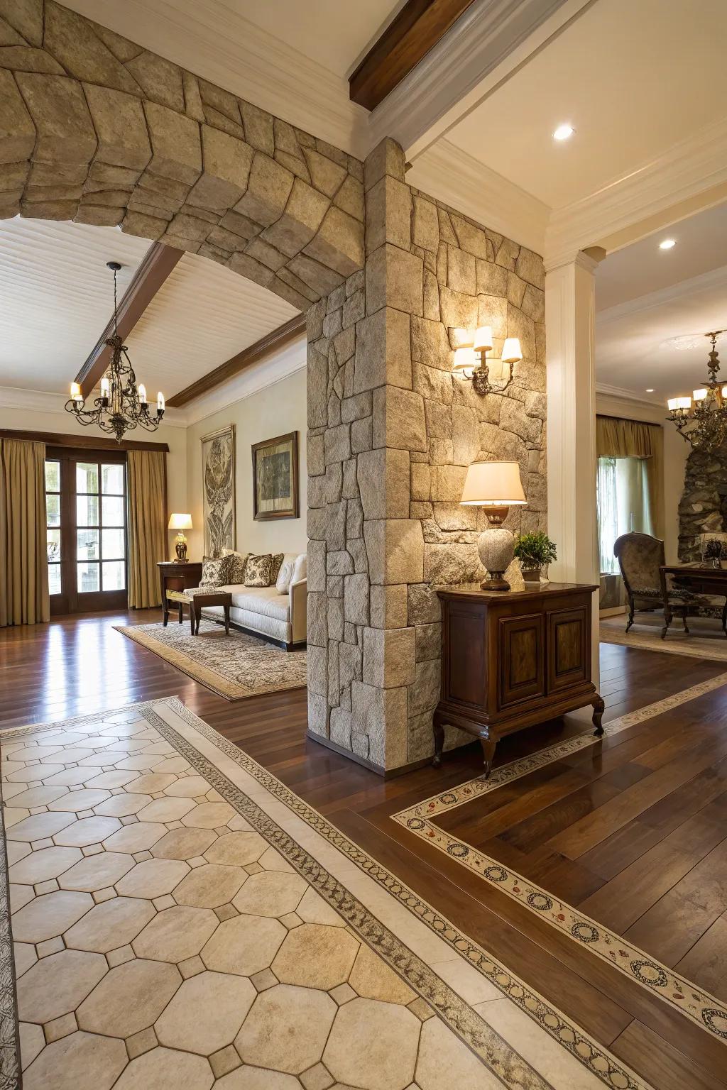 Natural stone transition adds luxury and organic feel.