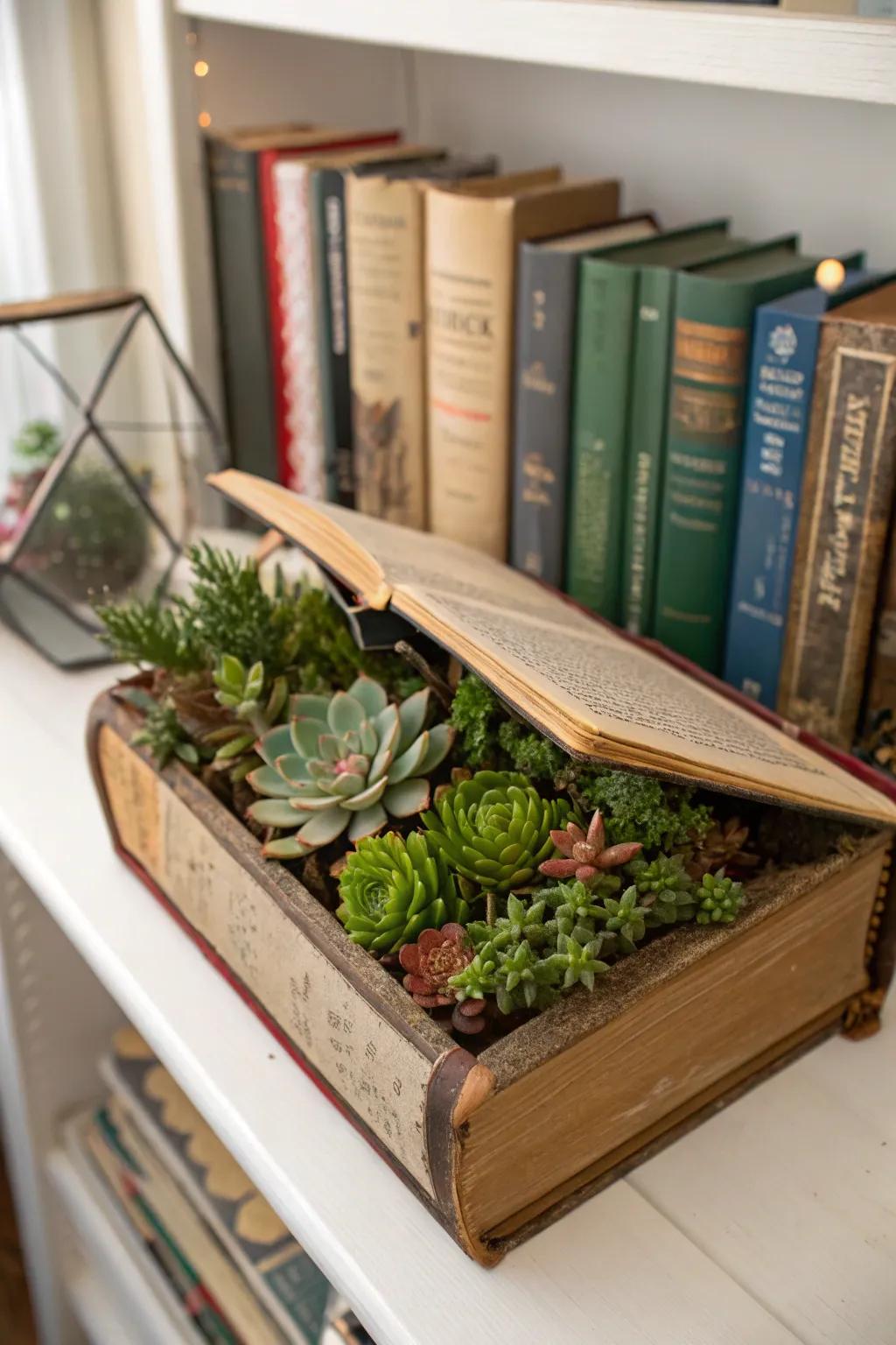 A unique planter created from a repurposed paperback.