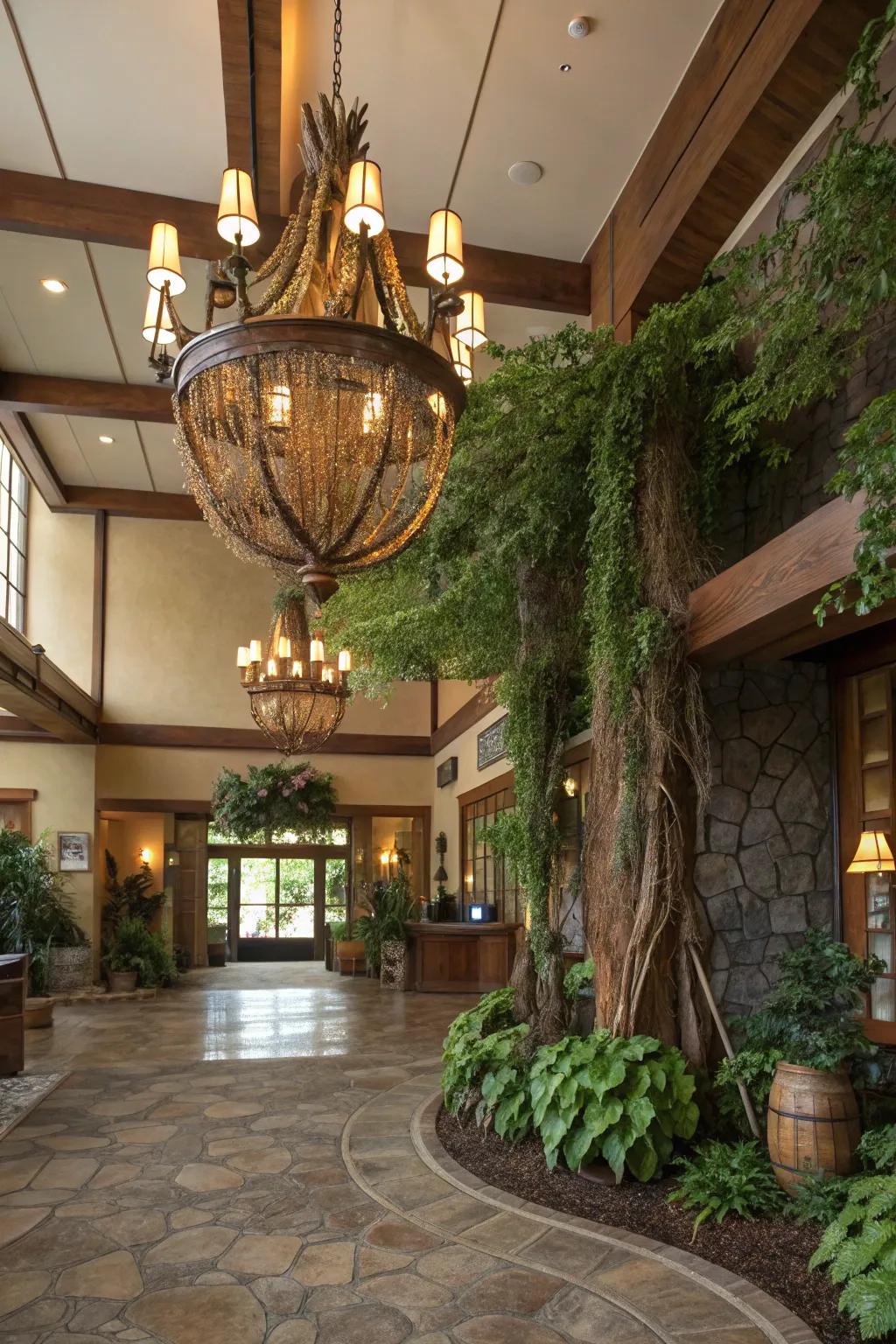 An organic-shaped chandelier enhances this nature-themed entrance hall.