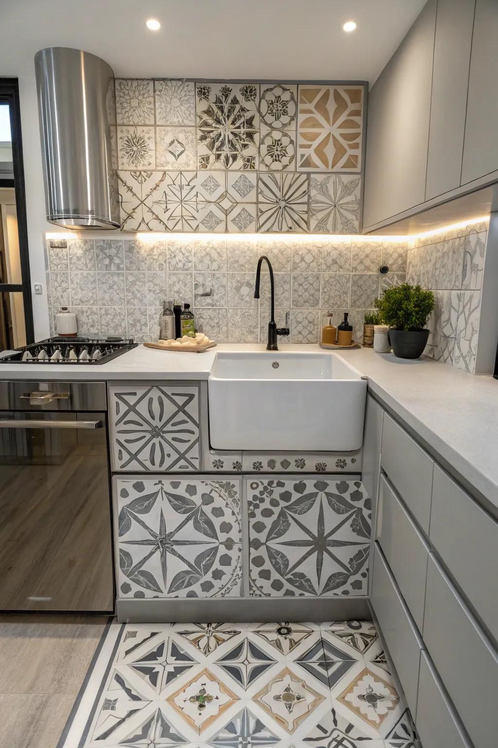 A modern kitchen showcasing patterns that enhance a freestanding sink area.