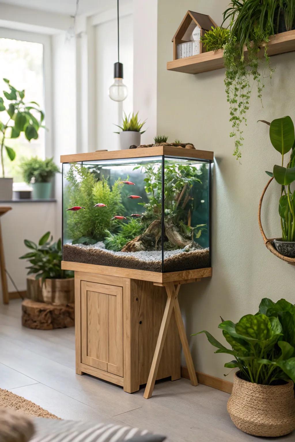 An eco-conscious setup brings a natural and responsible touch to aquariums.