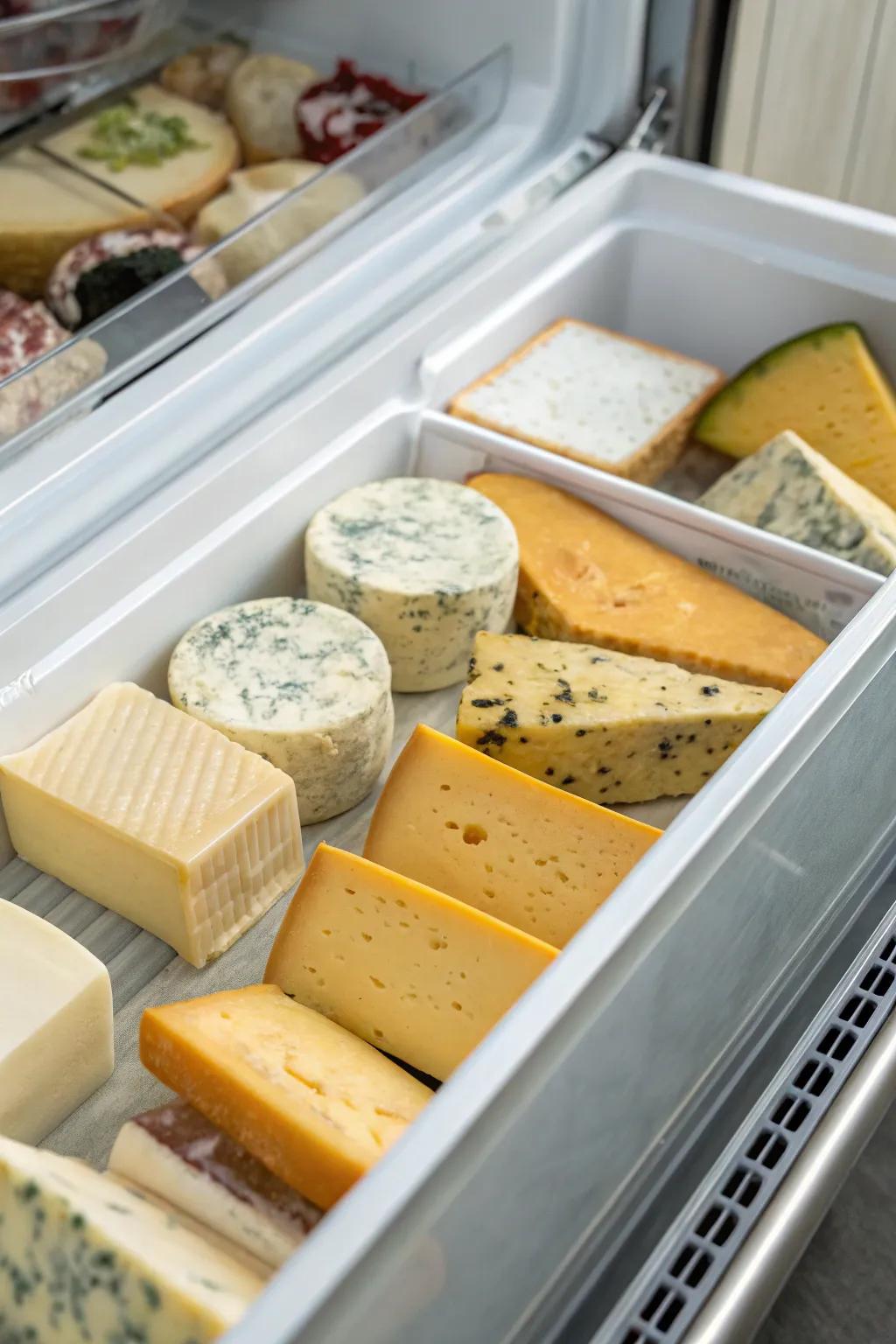 A dedicated cheese drawer keeps cheeses organized and fresh.