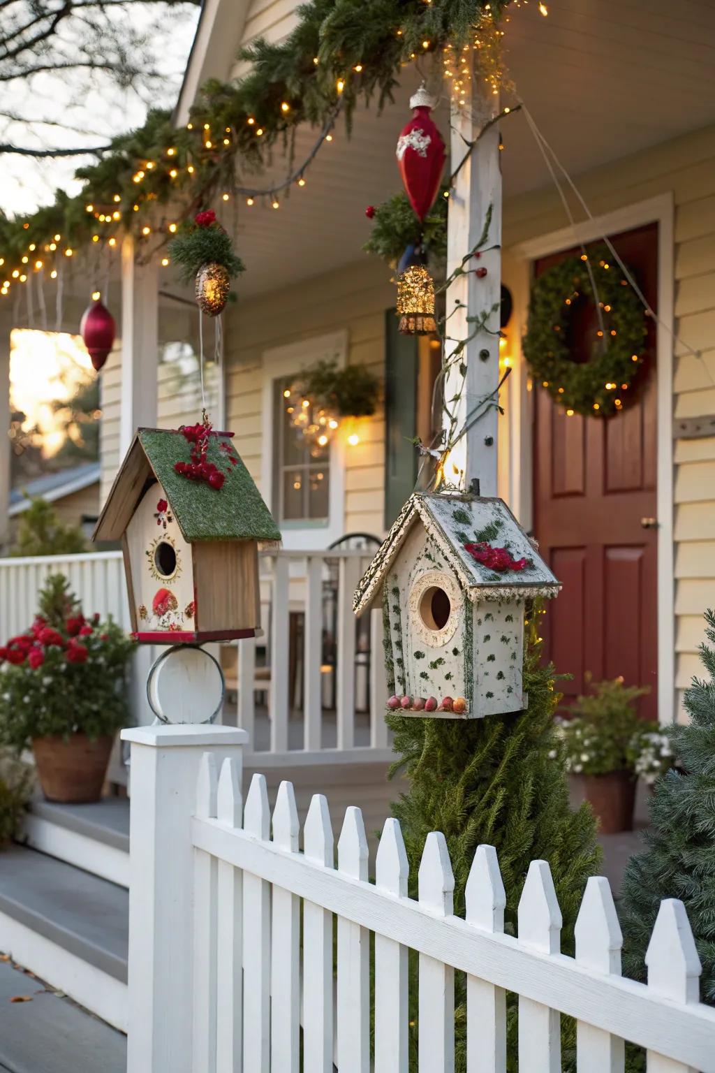 Aviaries infuse a whimsical nuance into your holiday porch decor.