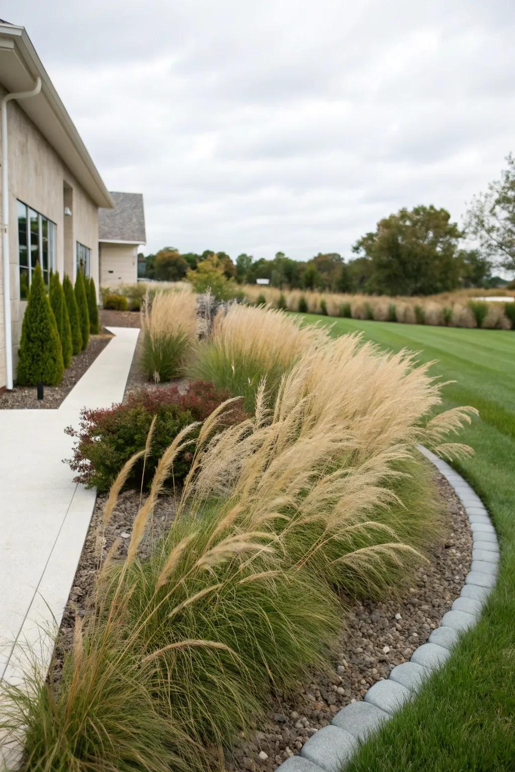Grasses provide a minimalist and refined appearance.