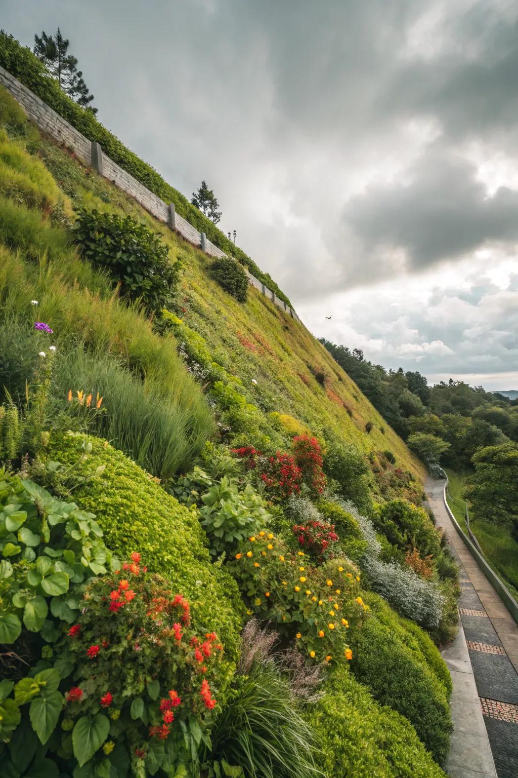 A vertical garden transforms your slope into a showcase of living greenery.
