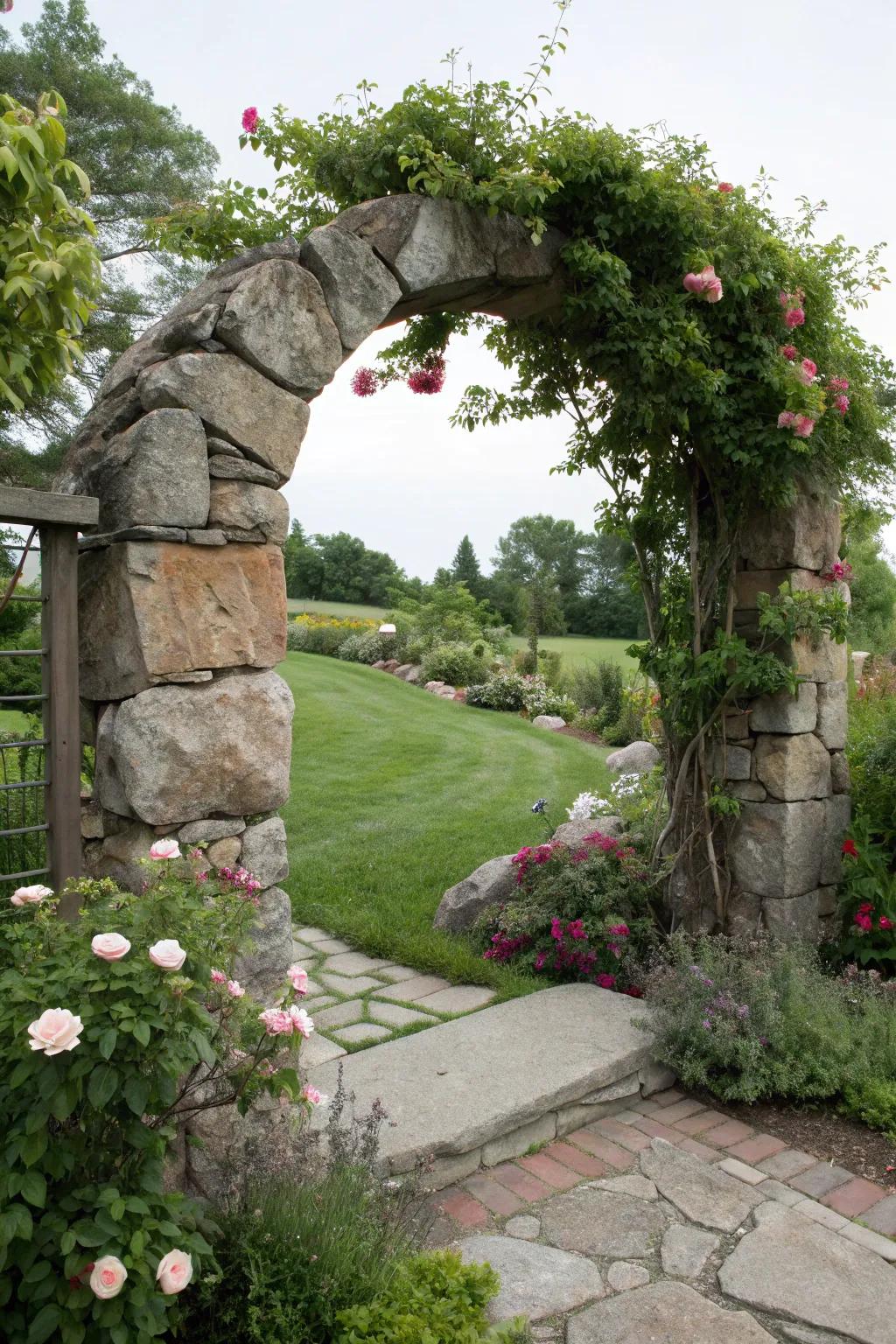 A stone archway serving as a welcoming entrance to a front yard garden.