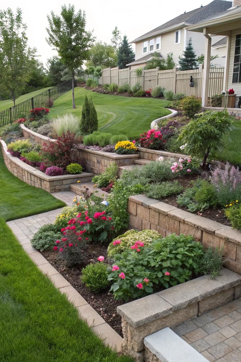 Layered planting beds inject depth and captivation into your front garden's blueprint.