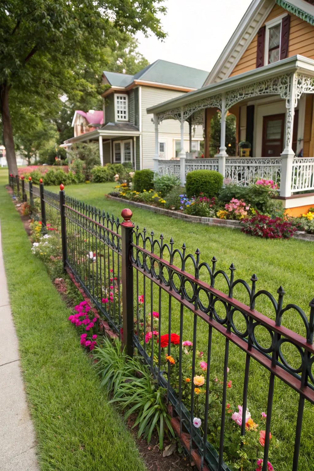 A decorative metal fence with colorful accents adding a playful touch.