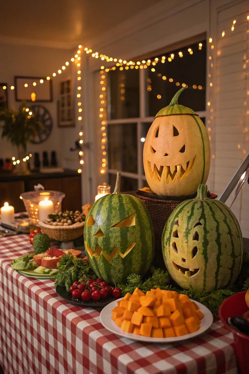 Eerie fruit engravings for a Halloween-inspired event.