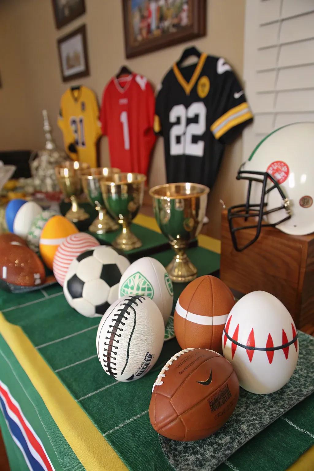 Sporty eggs prepared to cheer on the home team.
