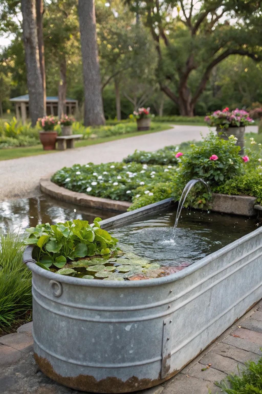 Floating plant islands adding a unique touch to a trough fountain.
