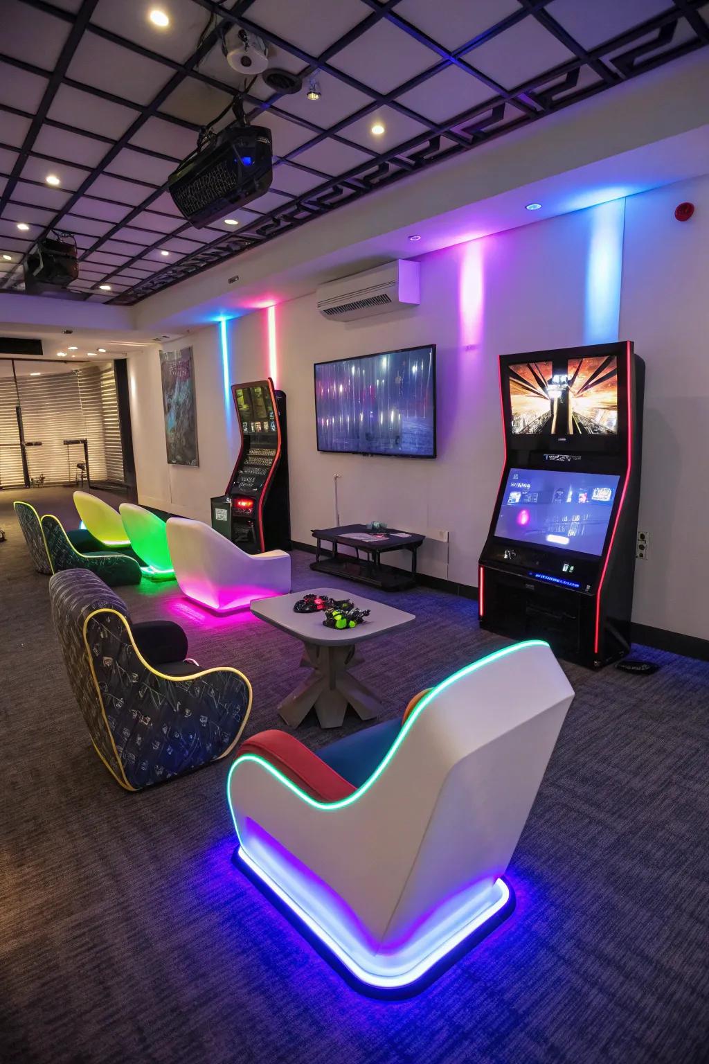 Modern illuminated chairs create a vibrant glow to your gaming experience.