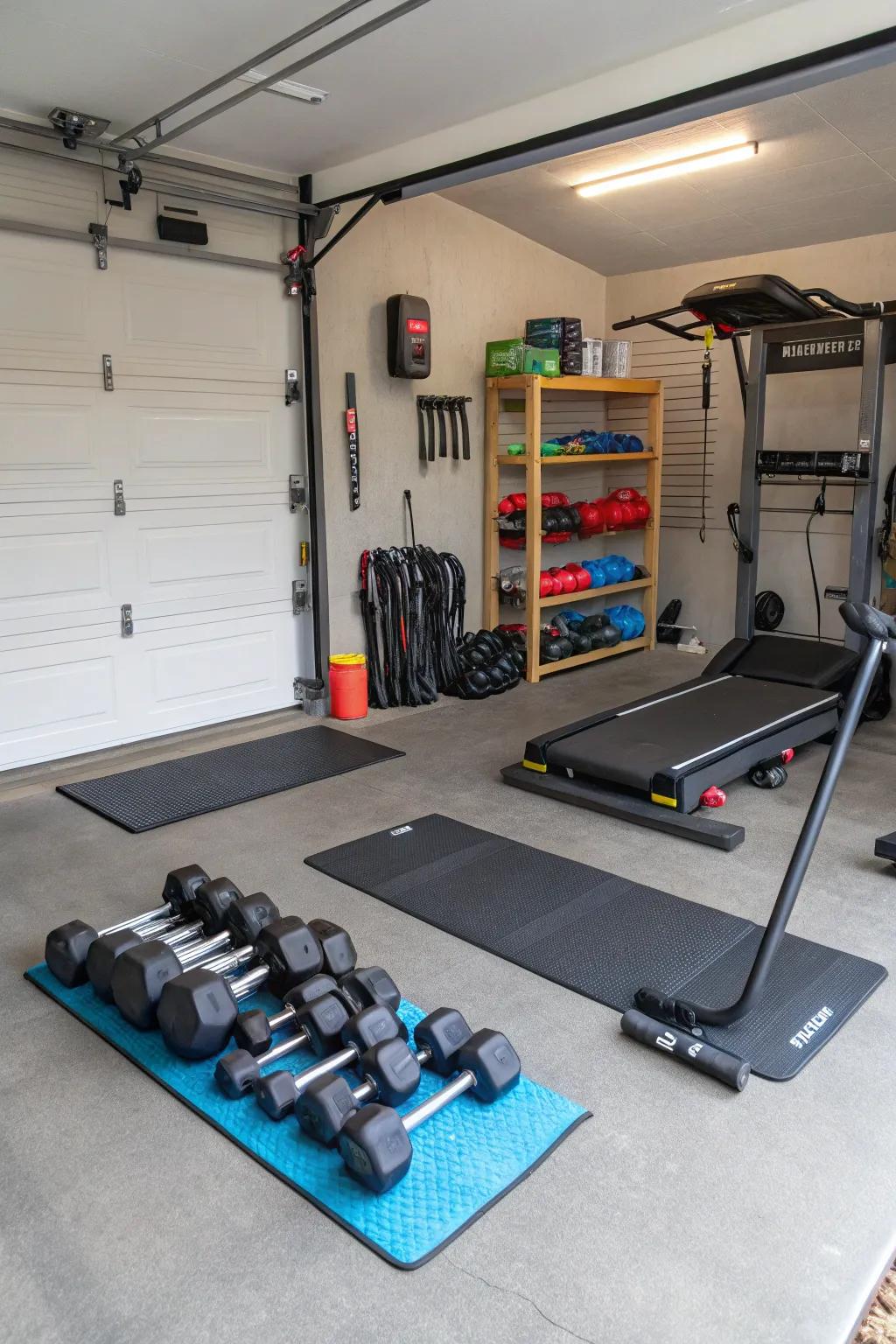 A garage fitness area for convenient home training.