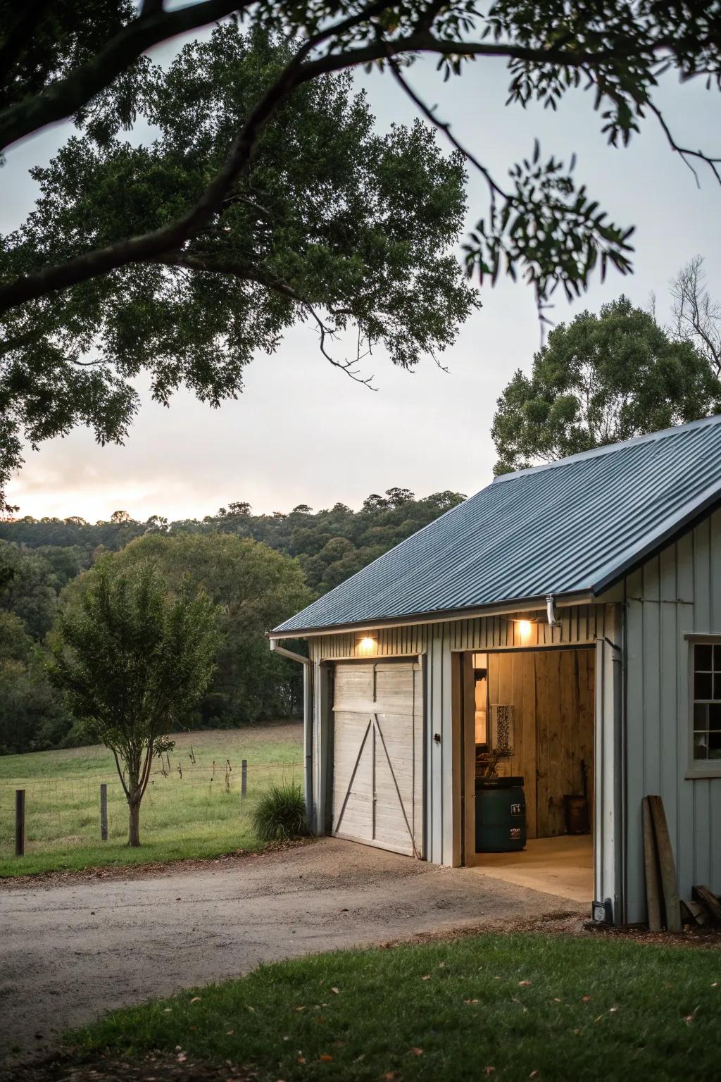 A rustic tin roof extension adds vintage charm to the garage.