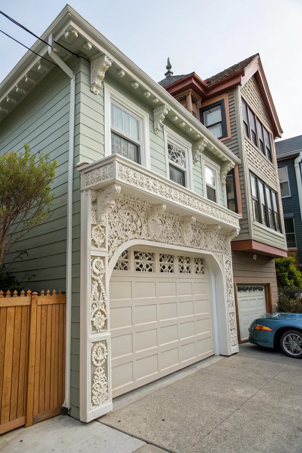 Artistic patterns add character to the garage trim.