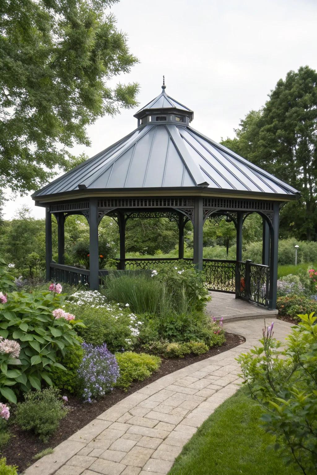 A gazebo with an aluminium roof, ready for all weather conditions.