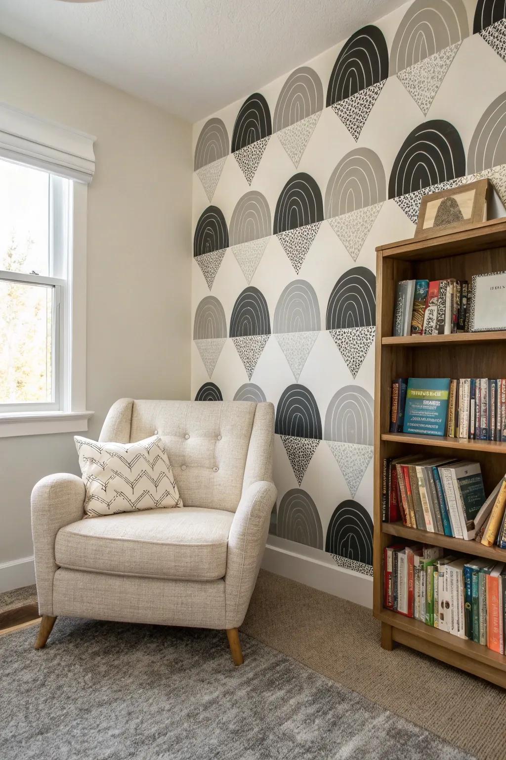 A reading area showcasing sophisticated layered geometric wall designs.