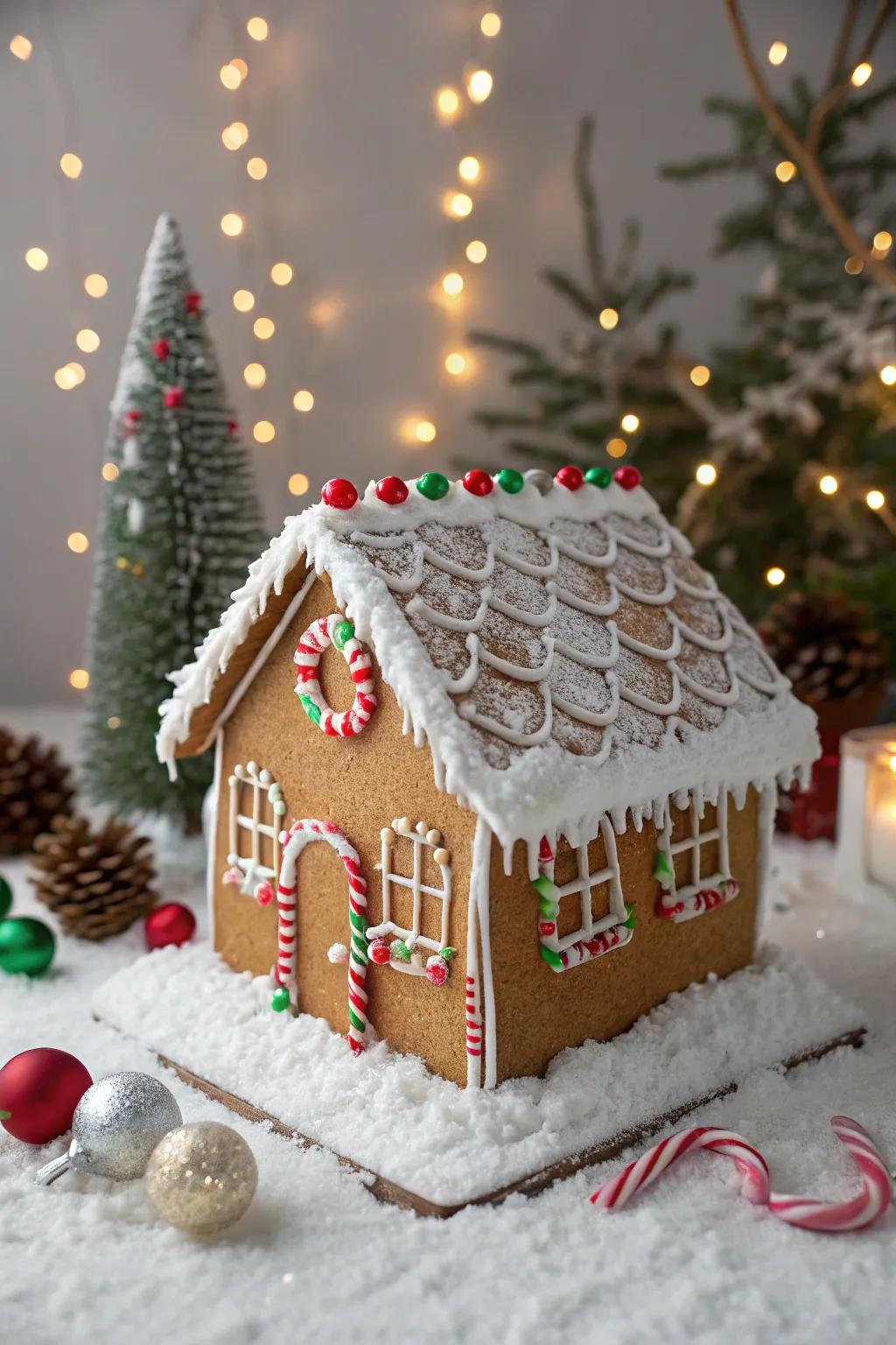 A glistening gingerbread rooftop adorned with consumable luminescence.