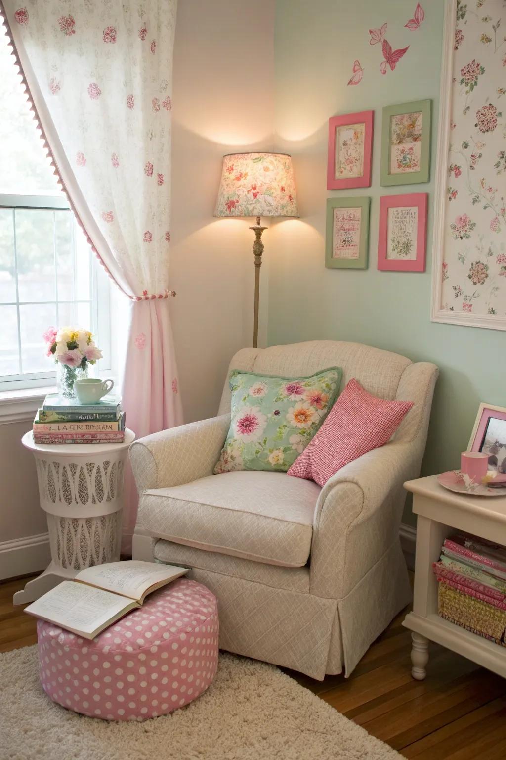 A reading alcove invites relaxation and peace.