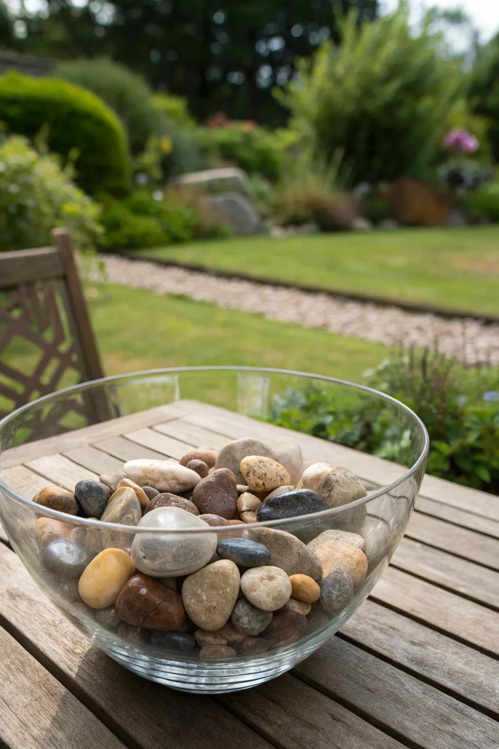 Serene splendor through an assortment of natural stone inside a glass bowl.