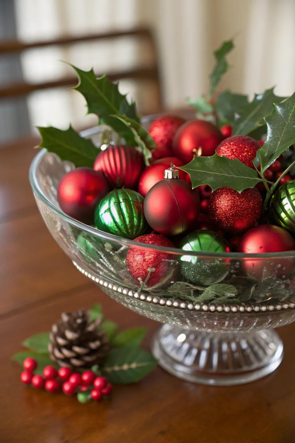 A quintessential crimson and emerald Yuletide display housed within a clear vessel.
