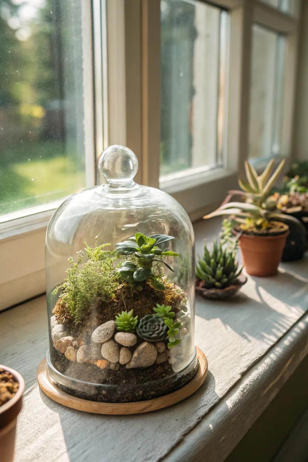 A mini terrarium under a glass dome brings nature indoors.