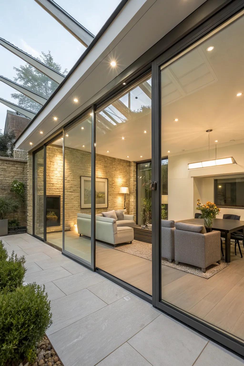 Tech enabled glass facilitating privacy while sustaining brightness.
