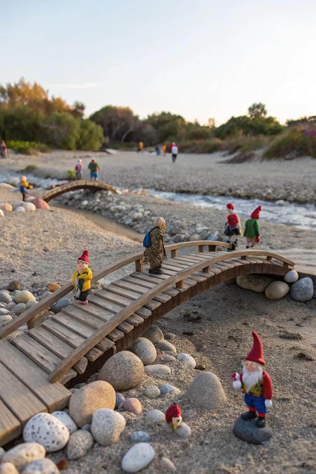 A charming gnome bridge crossing introduces dimension to the garden.