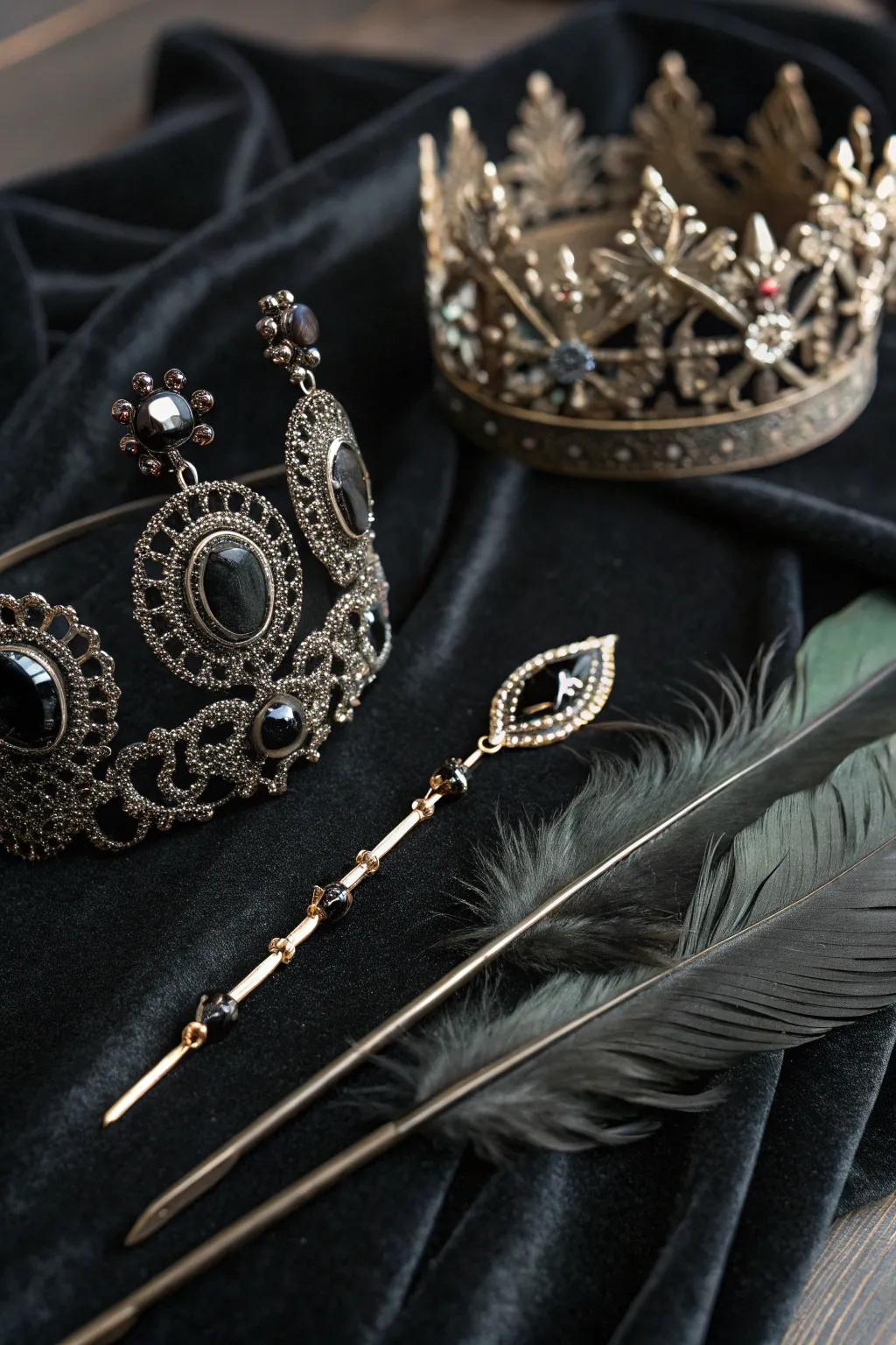 Gothic hair adornments showcasing decorative fasteners and a crown.