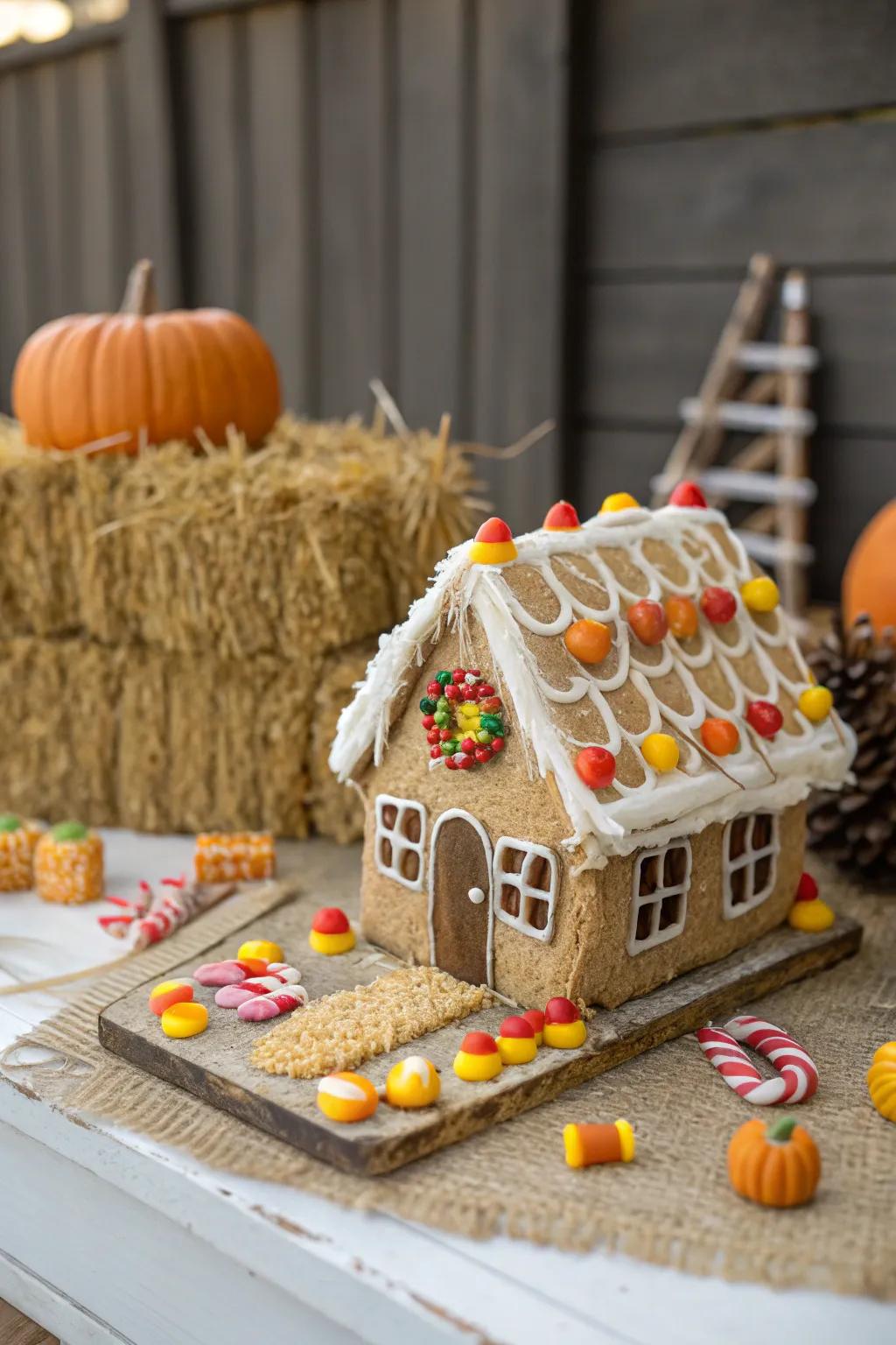 Festive homestead gingerbread house exhibiting rustic charm.