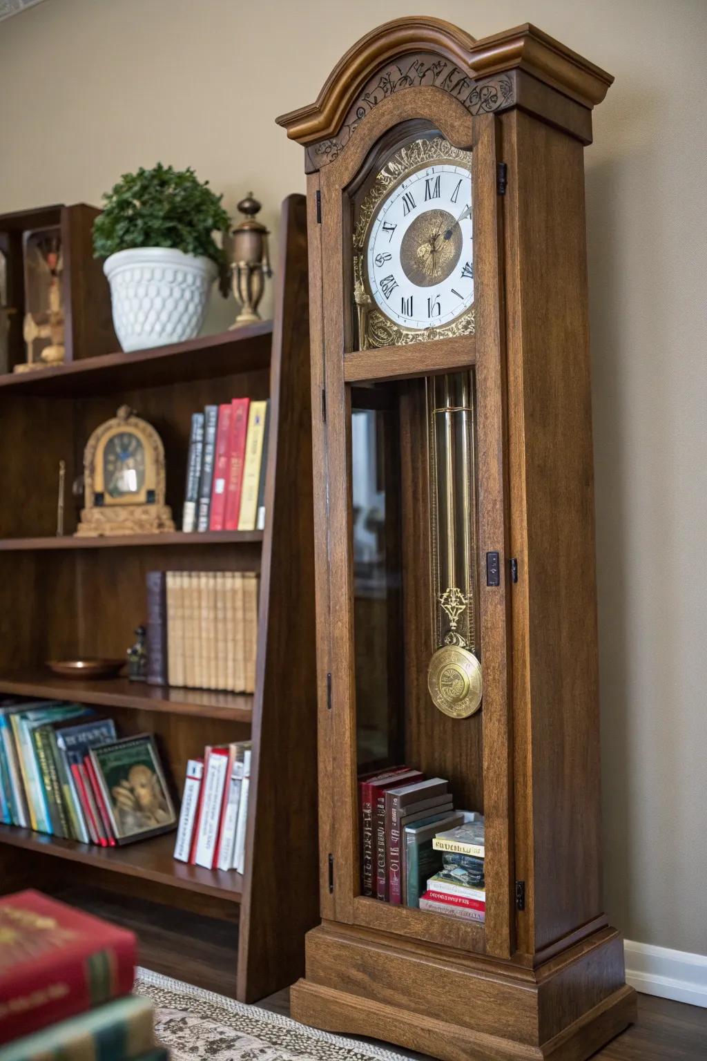 A non-working tall case clock gains new life as a functional shelf.