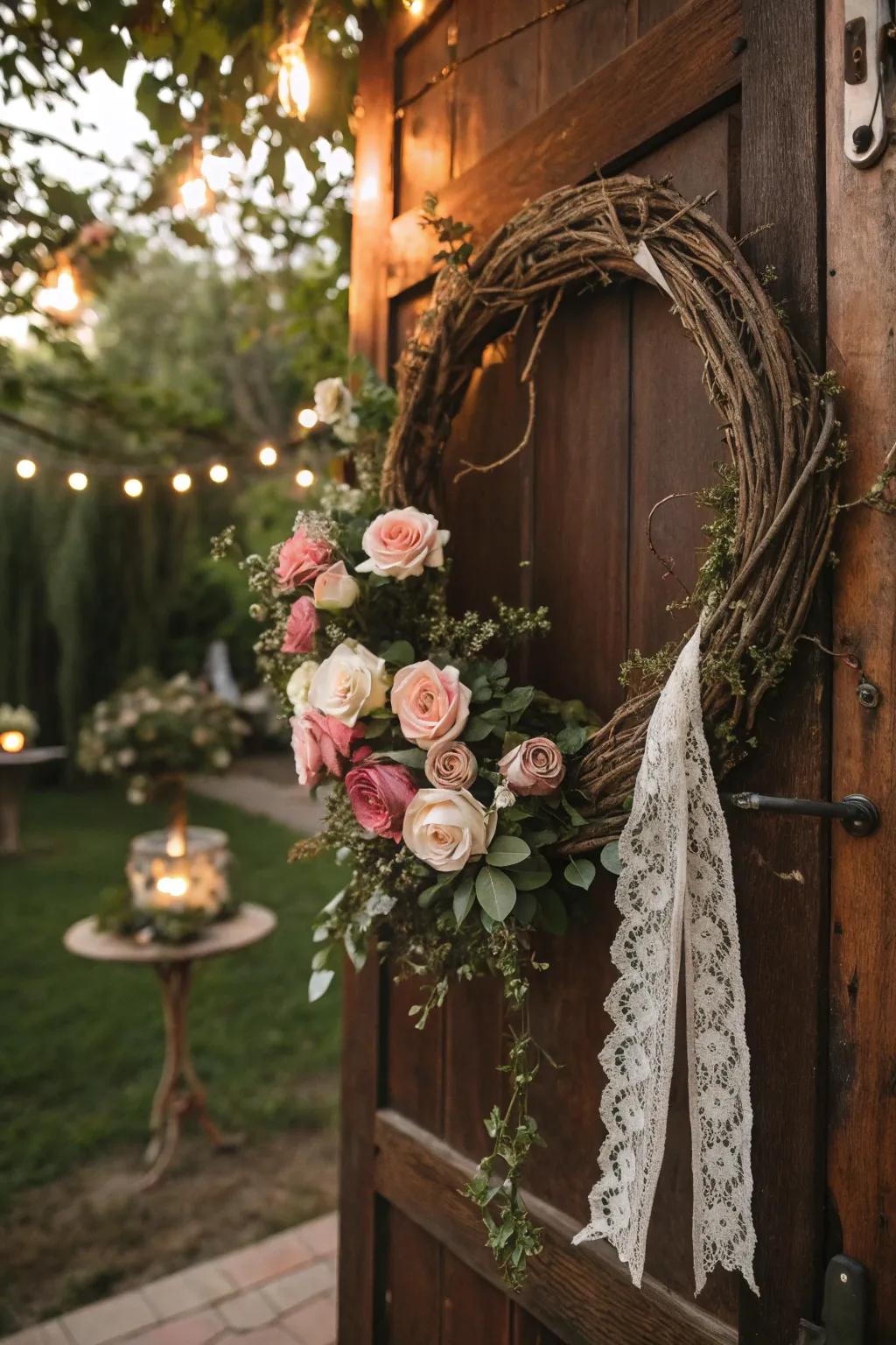 A romantic grapevine wreath showcasing blossoms and lacework.