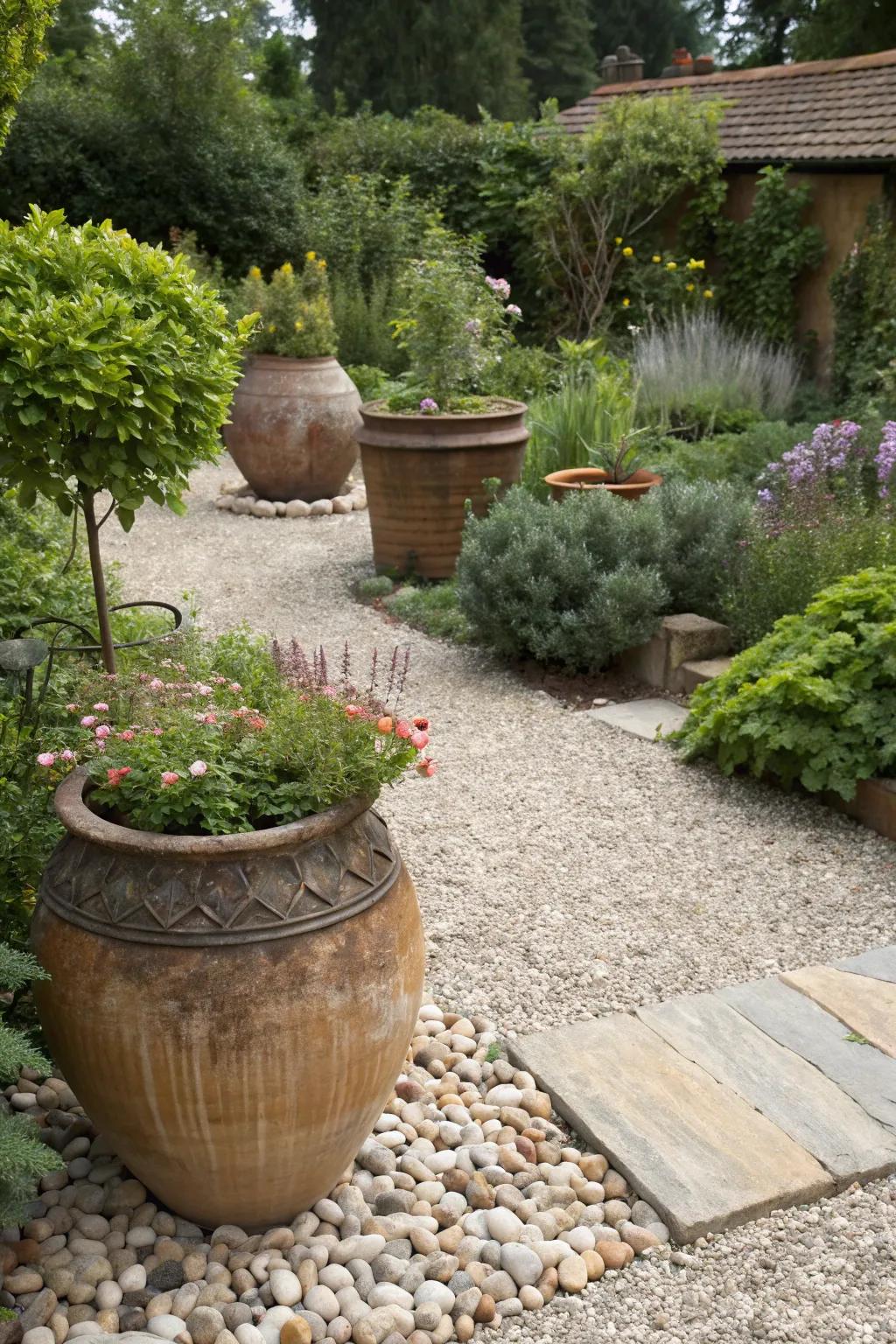 Standout vessels function as attention-grabbing focal elements in the garden.
