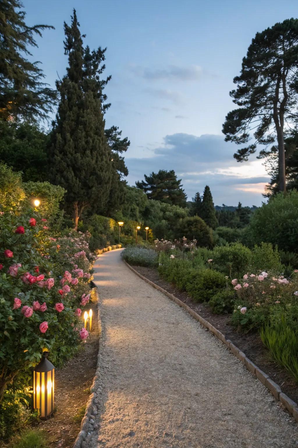 A crushed stone walkway illuminated with soft lighting
