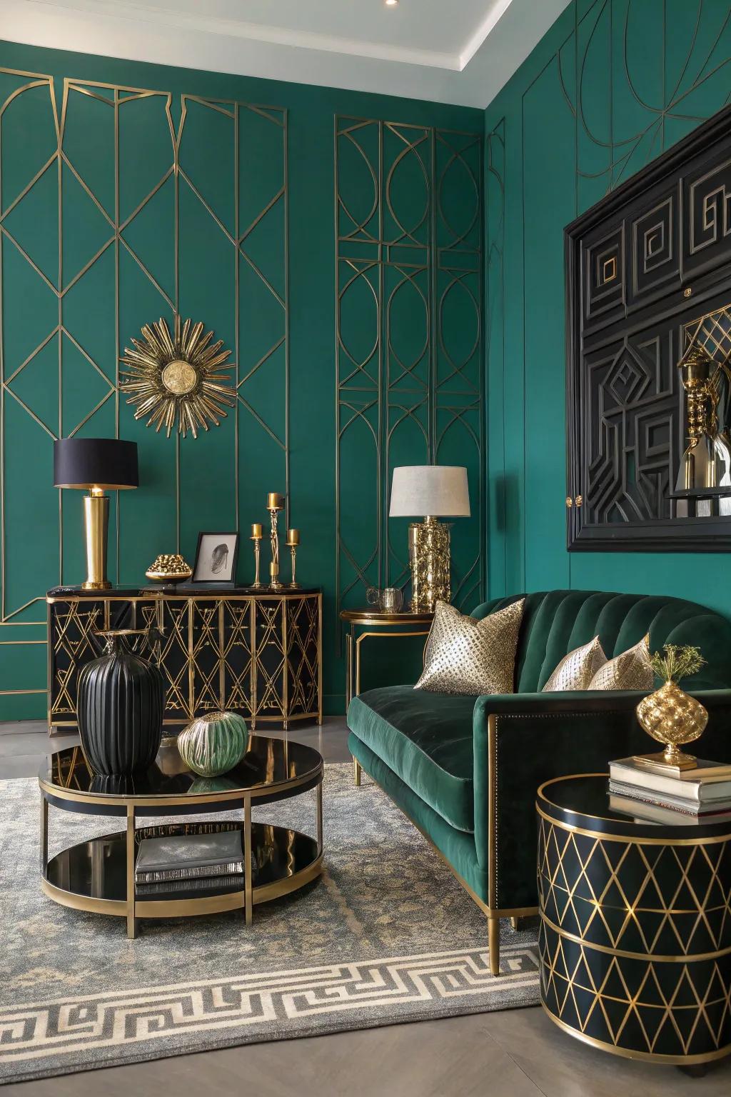Sea green walls bring art deco glamour to this space.