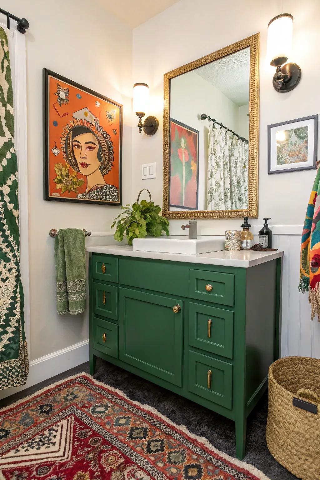 Eclectic elements combined with a green console for a unique aesthetic.
