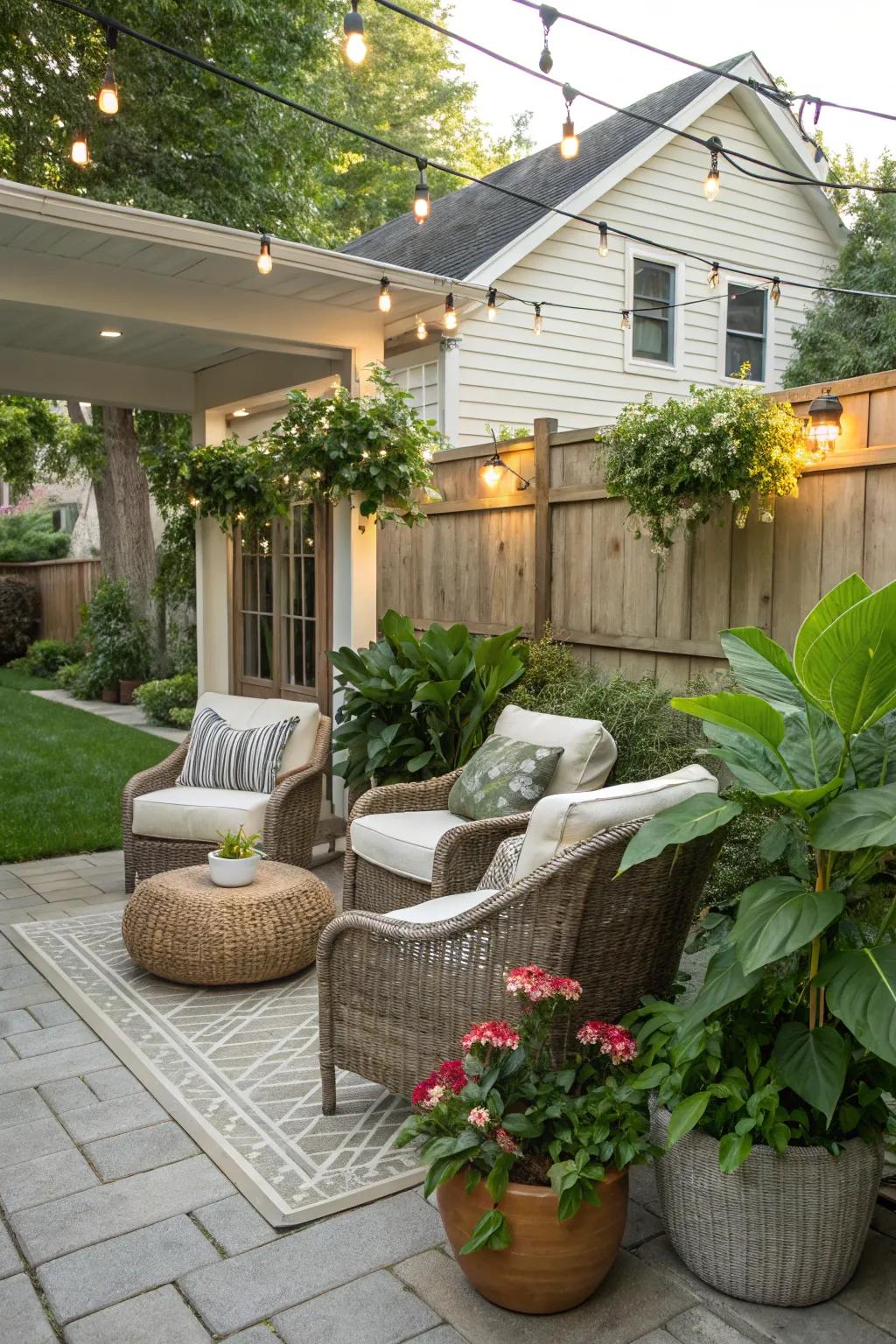 Potted green leaves fashion an inviting outdoor retreat.