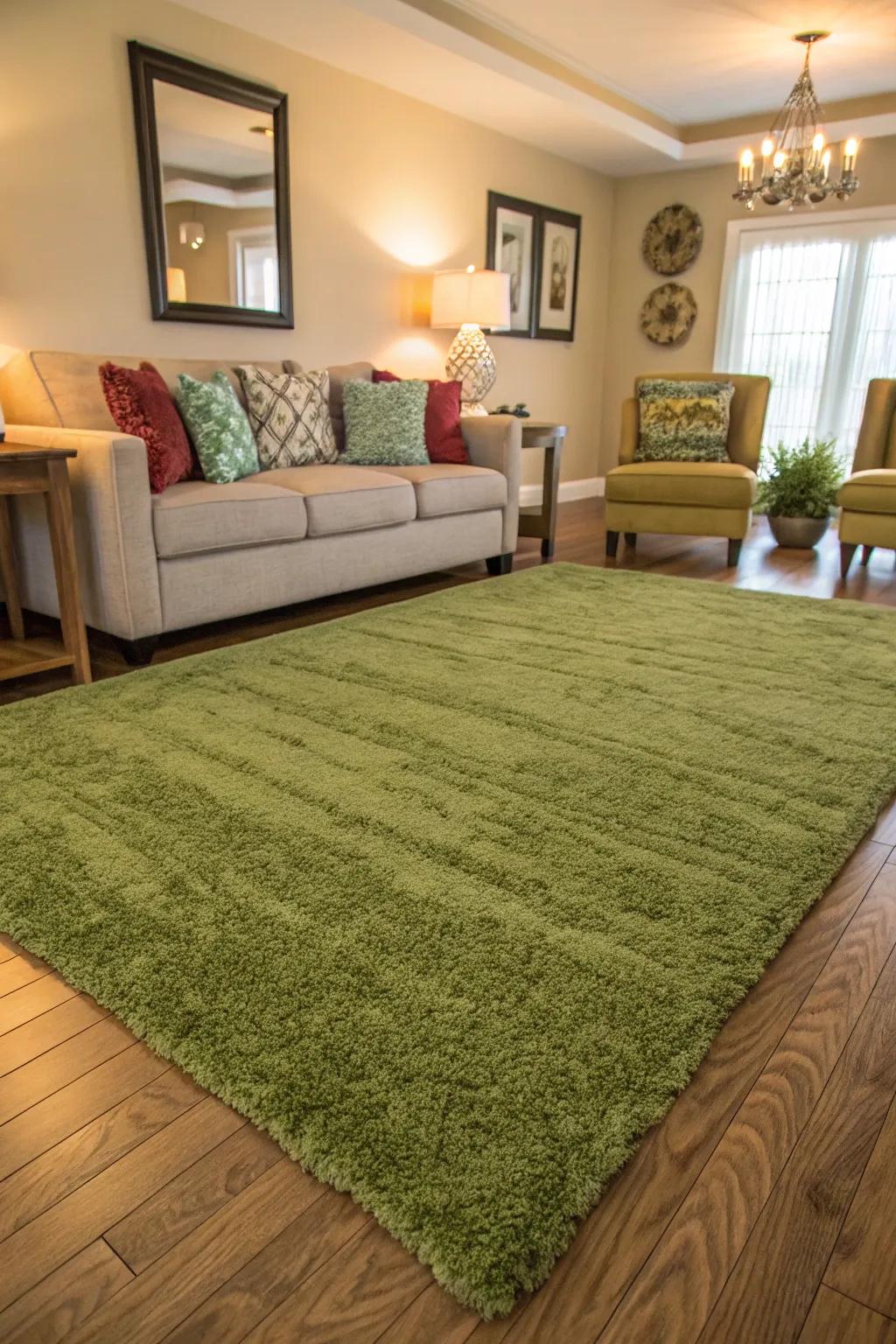 A verdant rug anchors your family room with relaxation and style.