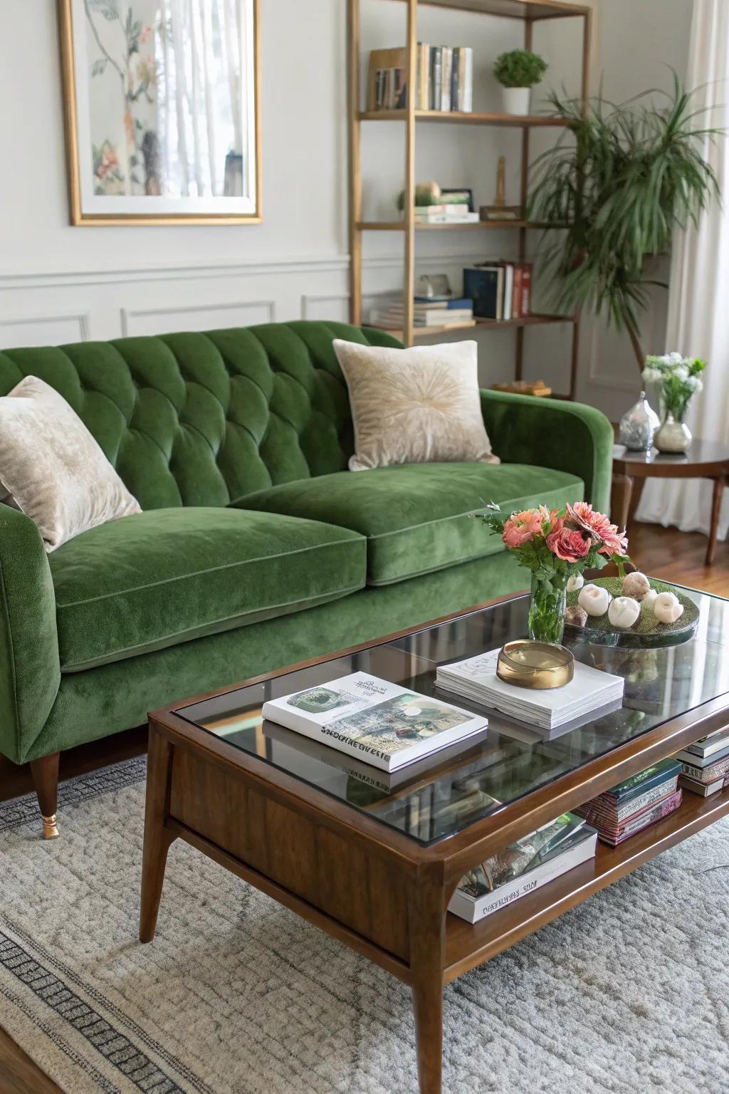 A mid-century modern family room with a verdant plush settee and retro elements.